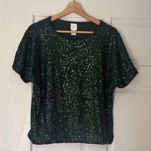 H&M Dark Green Sequin Short Sleeve Top